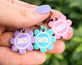 Tiny Personalized Pet Name Tag | XXS Flower Dog Cat ID Tag | Silent Small Collar Tag