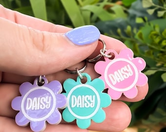 XXS Dog Tag For XXS Dog Collar, Cat Collar ID, Dog Clothes Tag, Puppy Harness Tag, Girl Flower Tag, Dog Silent Tag, Teal Pink Purple, Small