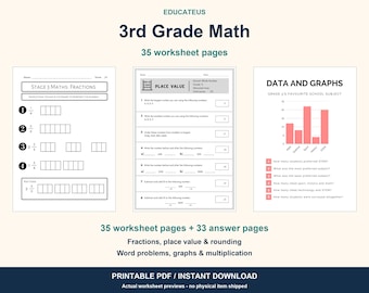 May include: A collection of 3rd Grade Math educational materials featuring 35 worksheet pages and 33 answer pages. The set includes exercises on fractions, place value, rounding, word problems, graphs, and multiplication in a printable PDF format.