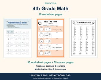 May include: A 35-page 4th Grade Math printable PDF set featuring worksheets on fractions to decimals, telling time, and temperature. The pages include blank clocks, digital time displays, and thermometer graphics for educational practice.