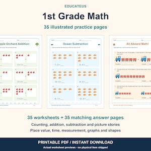 1st Grade Math Worksheets, Illustrated Printable Workbook with Answer Key, 35 Practice Pages