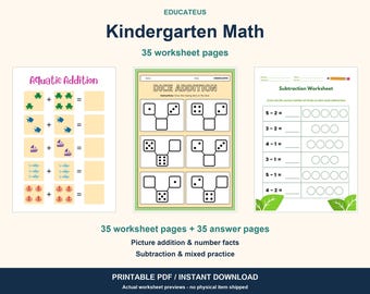Könnte beinhalten: Ein Set aus 35 Kindergarten-Mathe-Arbeitsblättern mit Aquatic Addition mit bunten Symbolen, Würfel-Addition mit leeren Feldern für fehlende Punkte und einem Subtraktions-Arbeitsblatt mit Kreisen zum Durchstreichen.