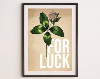 For Luck Vintage Clover Illustration Wall Art Print