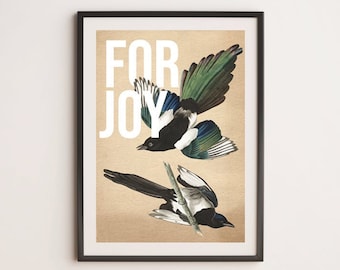For Joy Vintage Magpie Illustration Wall Art Print