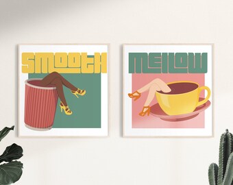Set of Retro 70's Coffee 'Smooth' 'Mellow' Illustration Wall Art Prints