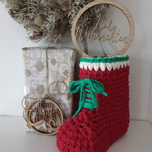 Santa&#39;s Boots by Ilky - Crochet pattern for Santa&#39;s boots with textile yarn and MDF sole - suitable for beginners.