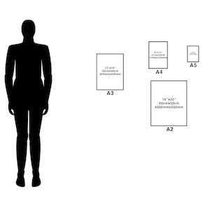 May include: A diagram showing the different sizes of paper, including A2, A3, A4, and A5. The sizes are shown in inches and centimeters. A person is standing next to the diagram for scale.
