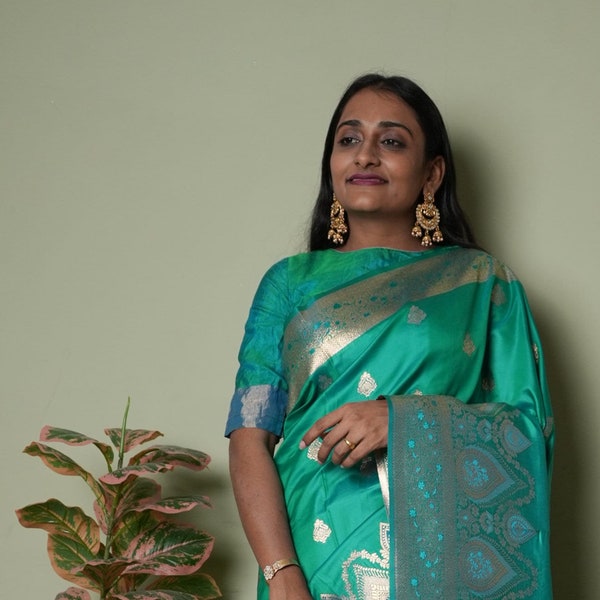 Ocean Green Banarasi Silk Saree | Traditional Sraee | Saree for usa Women | Special Party Wear saree | Custom Stitching Blouse