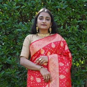 Red Banarasi Katan Silk Saree: Golden Zari, Traditional Indian Sari