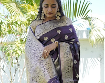 Dark Purple Silk Saree: Elegant Party Wear with Custom Stitching