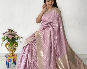 Lavender Banarasi Silk Saree: Zari Floral Buti Motifs