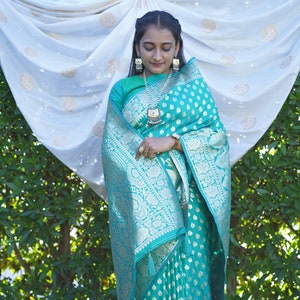 New Arrivals Satin Silk Rama Blue Color Banarasi Traditional Saree | Saree For USA | anbhiga Saree | Designer Saree | Saree for UK