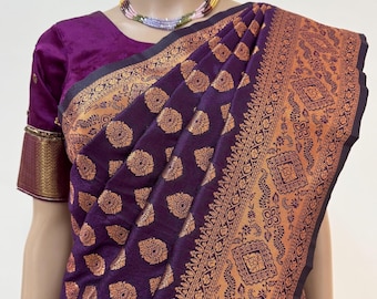 Banarasi Katan Silk Saree: Purple with Copper Zari Buti