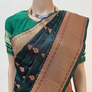 Deep Green Satin Silk Saree: Copper Zari Weave, Custom Blouse
