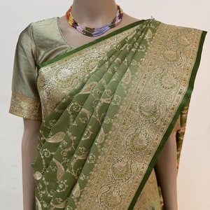 Mehndi Banarasi Saree: Golden Zari Weave, Pure Satin Silk
