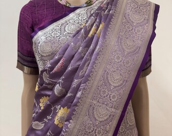 Banarasi Satin Silk Saree: Purple & Golden Zari Weave, Flower Jal Pattern
