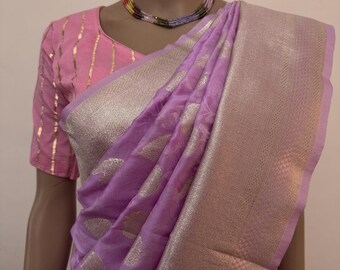 Mauve Purple Banarasi Katan Silk Saree: Golden Zari Leaves