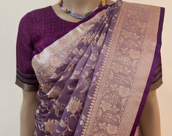 Banarasi Satin Silk Saree: Purple Two Tone Golden Zari Flower Weave