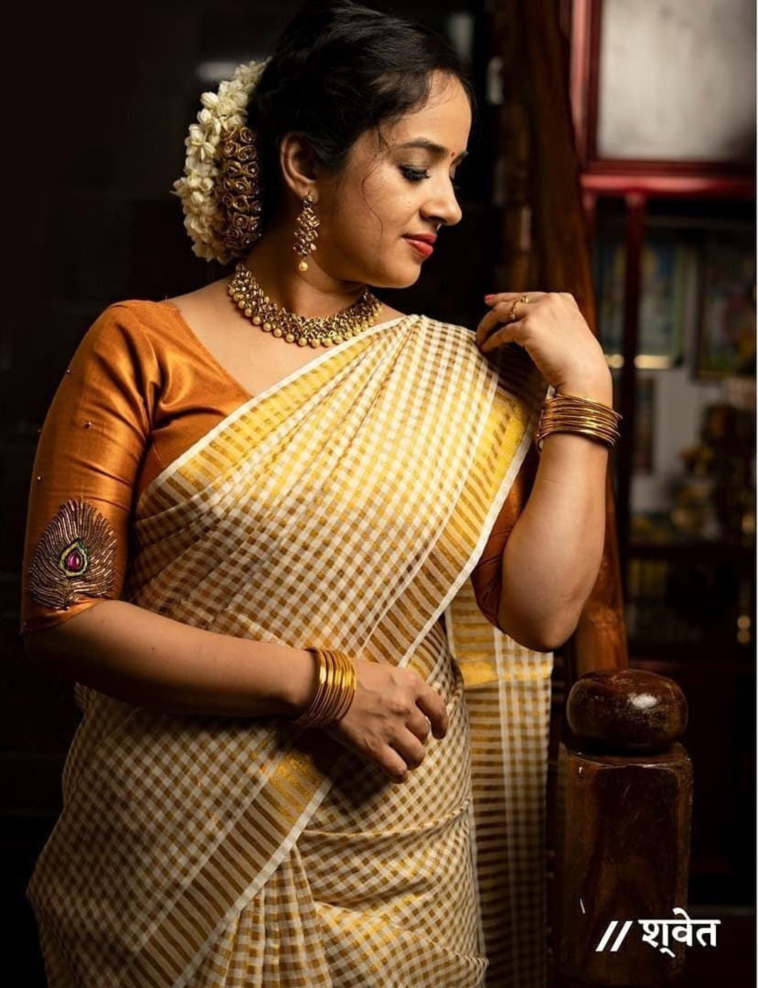Beautiful Gold White Zarikai Pure Cotton Silk Sari Checks photo