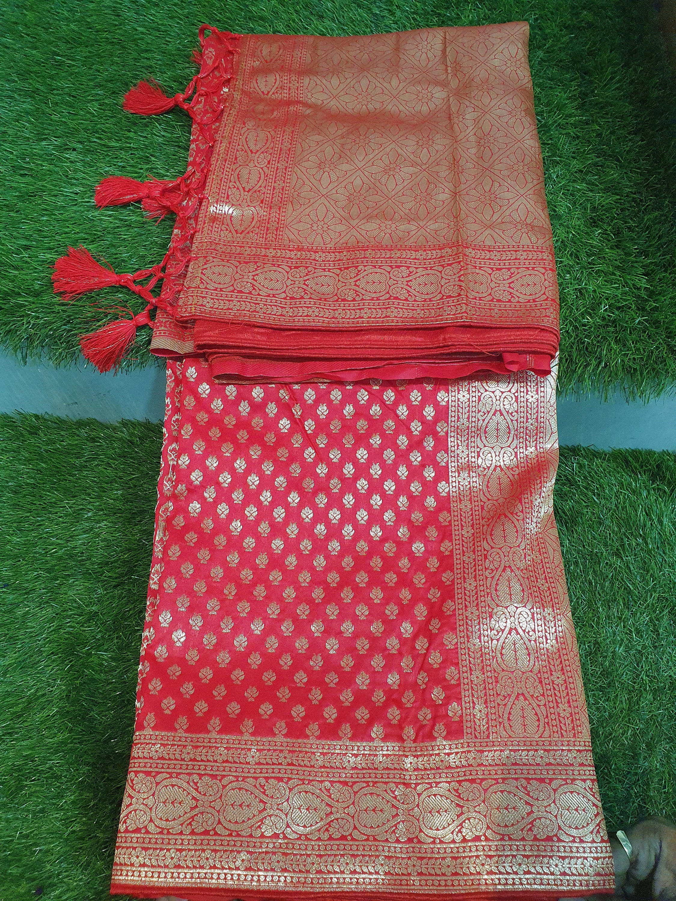 New Red Beautiful Katan Silk Sari Bollywood Designer Handmade