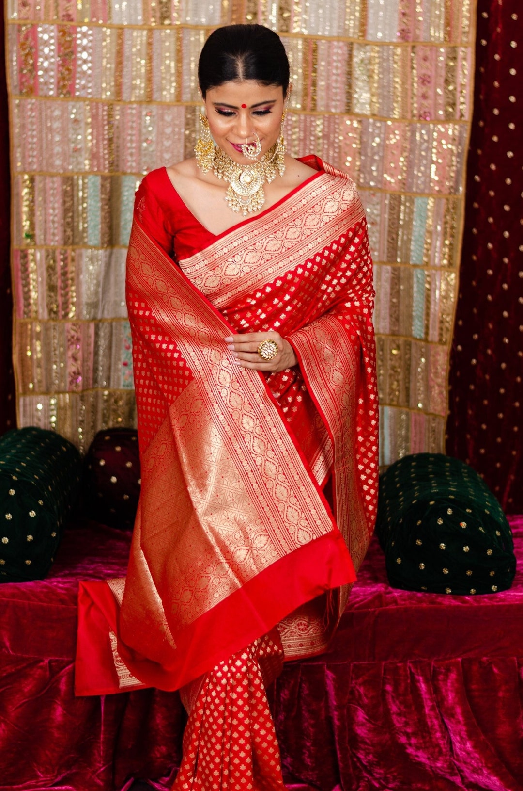 New Red Beautiful Katan Silk Sari Bollywood Designer Handmade BANARASI Saree  for Women Silk Saree Party Wear Saree Saree With Blouse 