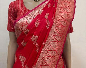 Red Satin Silk Saree: Jacquard Weaving, Gold Zari, Wedding Saree