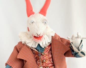 Witte konijnenpop Alice in Wonderland | Handgemaakte originele kunstwerken | Poseerbare kunstpop | Griezelig schattig verzamelobject | OOAK Fantasy-pop