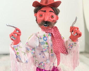 The Pink Cowboy, Rocko Roy Rodeo. Ooak Handmade Poseable Artdoll. Original Artwork, Textile Sculpture Doll Cowboy. Ooak Doll
