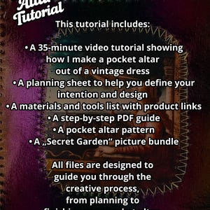 K&ouml;nnte beinhalten: Ein digitales Tutorial mit dem Titel "Pocket Altar Tutorial" mit einem dunklen, strukturierten Hintergrund. Der Text listet ein 35-min&uuml;tiges Video-Tutorial, ein Planungsblatt, eine Materialliste, eine PDF-Anleitung, ein Altarmuster und ein Bildpaket auf.