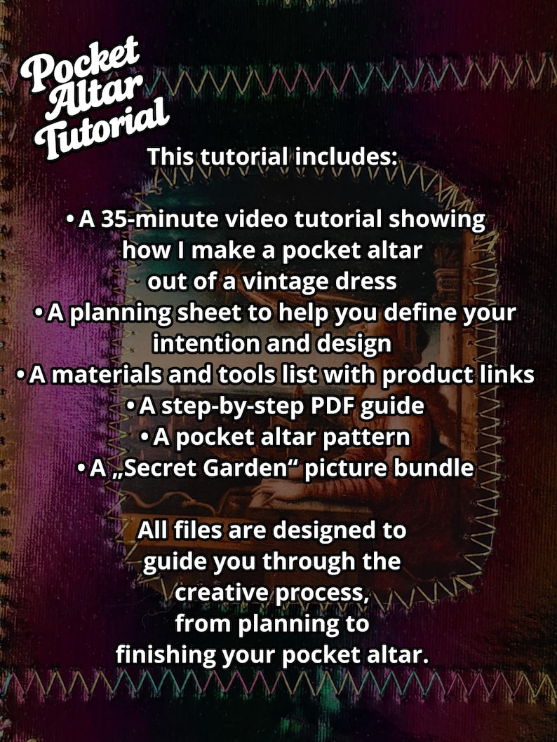 K&ouml;nnte beinhalten: Ein digitales Tutorial mit dem Titel "Pocket Altar Tutorial" mit einem dunklen, strukturierten Hintergrund. Der Text listet ein 35-min&uuml;tiges Video-Tutorial, ein Planungsblatt, eine Materialliste, eine PDF-Anleitung, ein Altarmuster und ein Bildpaket auf.