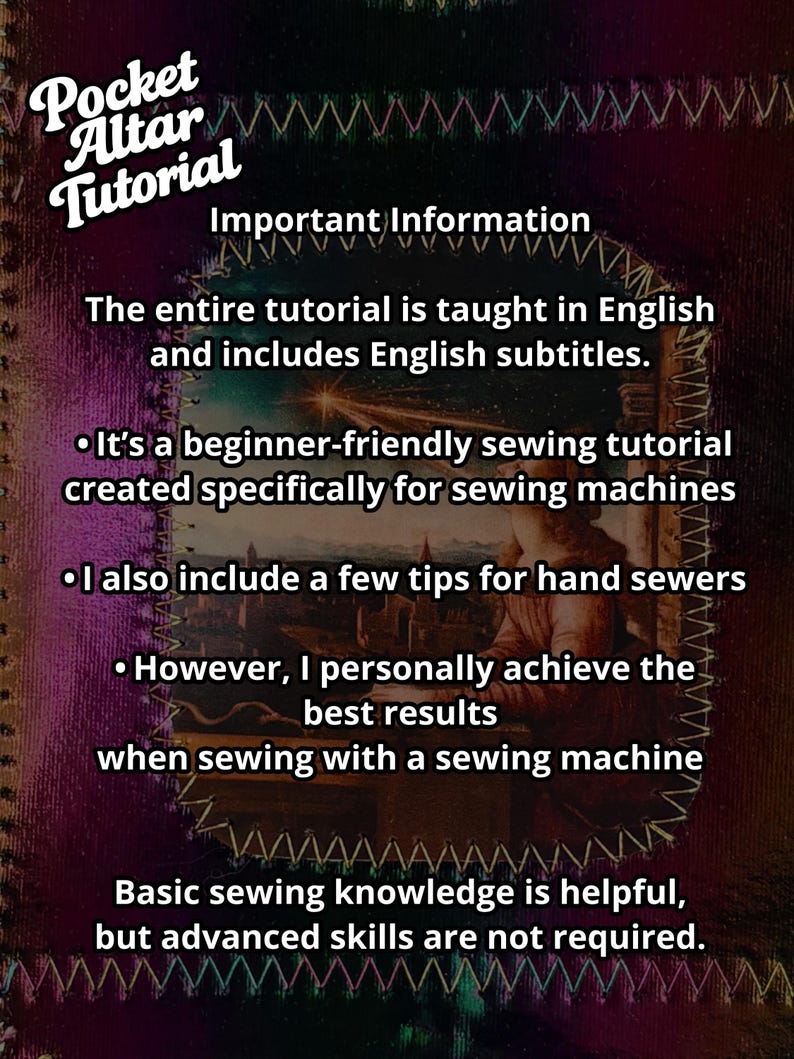 K&ouml;nnte beinhalten: Digitales N&auml;h-Tutorial "Pocket Altar Tutorial" mit wei&szlig;em Text auf dunklem Hintergrund. Das Tutorial ist anf&auml;ngerfreundlich, wird auf Englisch mit englischen Untertiteln unterrichtet. Es bietet Tipps f&uuml;r Handn&auml;her und konzentriert sich auf das N&auml;hen mit der Maschine.