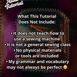 K&ouml;nnte beinhalten: Ein digitales Tutorial mit dem Titel "Pocket Altar Tutorial" mit einem dunklen, strukturierten Hintergrund. Der Text listet auf, was das Tutorial nicht beinhaltet: Anweisungen f&uuml;r N&auml;hmaschinen, einen allgemeinen N&auml;hkurs, physische Materialien oder perfekte Grammatik.