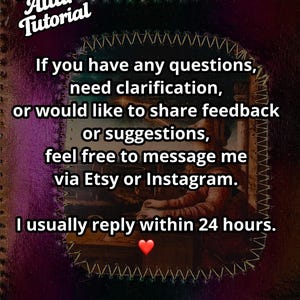 K&ouml;nnte beinhalten: Digitalgrafik mit dem Text "Pocket Altar Tutorial". Das Bild enth&auml;lt eine Nachricht, die zu Fragen und Feedback &uuml;ber Etsy oder Instagram auffordert, mit dem Versprechen einer Antwort innerhalb von 24 Stunden. Ein Herzsymbol ist enthalten.