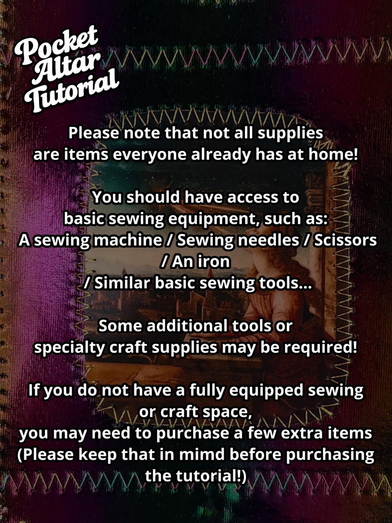 K&ouml;nnte beinhalten: Ein Tutorial mit dem Titel "Pocket Altar Tutorial" mit Text, der &uuml;ber die ben&ouml;tigte N&auml;hmaschine, Nadeln, Schere und B&uuml;geleisen informiert. Der Hintergrund ist ein dunkler, strukturierter Stoff mit dekorativen N&auml;hten.