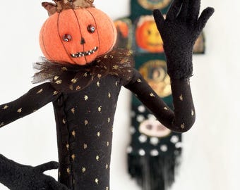 Jack the Pumpkin King Halloween Artdoll handgemaakte ooak originele textielsculptuur kunstwerk pop Halloween