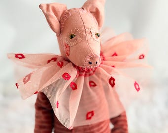 Simon Shrimp, Pig Artdoll, Original Artwork, Textile Sculpture, Pig Stuffie Handmade Artdoll Ooak Pig