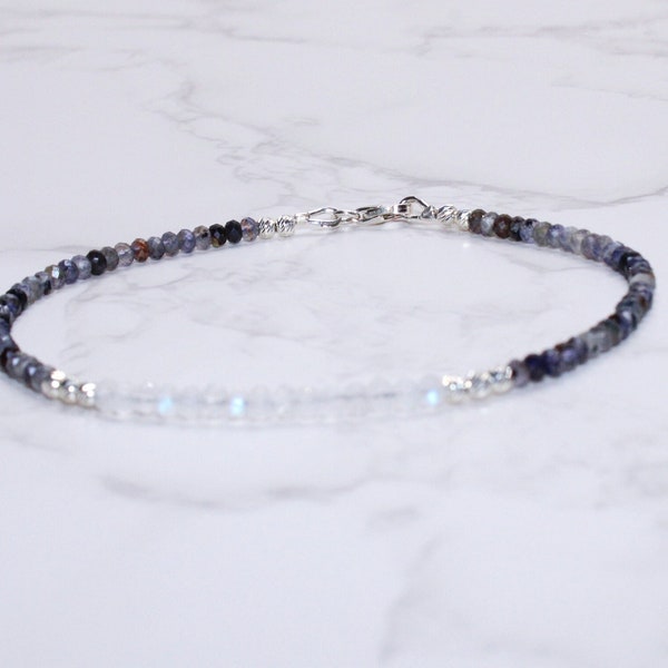 Iolite and Rainbow Moonstone Sterling Silver Anklet - Dainty Anklet Bracelet - Ankle Gift - Body Jewelry.