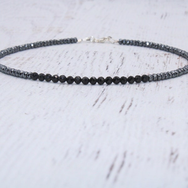 Hematite and AAA Black Tourmaline Anklet - Beaded Ankle Bracelet-Dainty Anklet -Protection Anklet-Black and Silver Jewelry - Gemstone Anklet