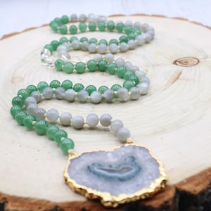 One of a Kind Handmade Good Fortune ,Inner Clarity, Healing and Spiritual Growth Mala- Green Aventurine, Clear Quartz and Moonstone Mala