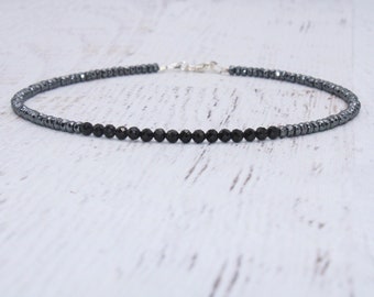Hematite and AAA Black Tourmaline Anklet - Beaded Ankle Bracelet-Dainty Anklet -Protection Anklet-Black and Silver Jewelry - Gemstone Anklet