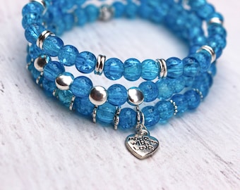 Pulsera de abalorios elásticos de craquelado de vidrio azul - Pulsera de apilamiento - Pulsera de dijes