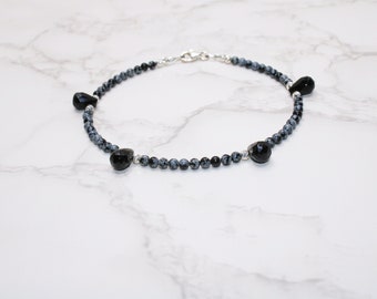 Snowflakes Obsidian and Black Onyx Sterling Silver Anklet - Beaded Ankle Bracelet - Quality Gemstone Anklet - Ankle Gift