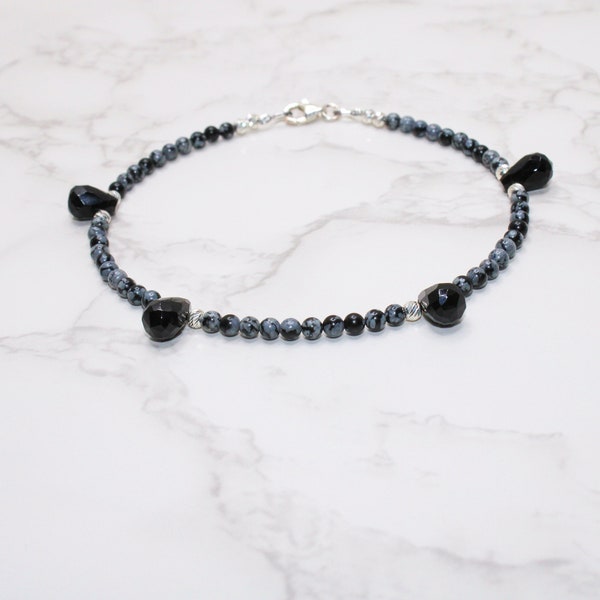 Snowflakes Obsidian and Black Onyx Sterling Silver Anklet - Beaded Ankle Bracelet - Quality Gemstone Anklet - Ankle Gift