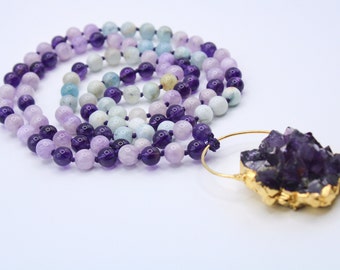 AAA 108 8MM Hand Knotted Mala-  Amethyst, Aquamarine, and Kunzite Beaded Necklace - Mediation Mala-Prayer Beads - Mala Gift- Gemstone Mala