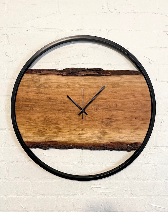 22 Live Edge Wall Clock Cherry Wood Clock Black Rim Wood Etsy
