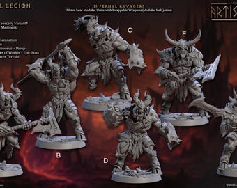 Puede incluir: Figuras en miniatura grises y detalladas de la colección "The Infernal Legion" de julio de 2025. Incluye Infernal Ravagers, Wild Warbeasts y otros personajes con armaduras y armas intrincadas. Se muestra el logotipo de Artisan Guild.