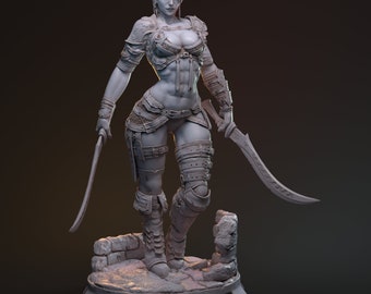 May include: A gray, detailed, sculpted figurine of a female elf warrior with pointed ears, holding two curved swords. The elf is wearing armor and a belt with a chain. The figurine is standing on a stone base.