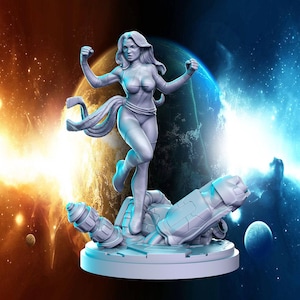 May include: A white painted miniature figurine of a female superhero standing on a spaceship wreckage. The figurine is posed in a dynamic action pose with one arm raised and the other arm extended. The figurine is set against a backdrop of a blue and orange nebula.