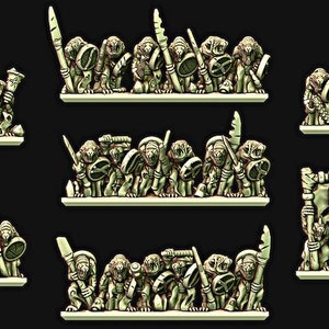 Może przedstawiać: Zestaw 10 niepomalowanych figurek goblinów, każda z bronią i tarczą. Figurki są wykonane z jasnoszarego plastiku i gotowe do malowania.
