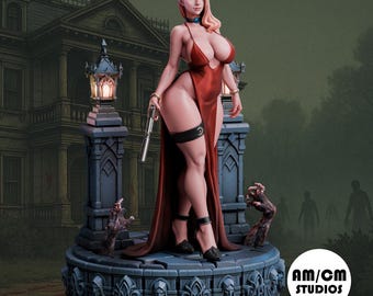 May include: A figurine of a woman in a red dress holding a gun, standing on a stone base with zombie hands reaching up. The background features a gothic mansion and a dark, ominous atmosphere. The figurine is approximately 30 cm tall.